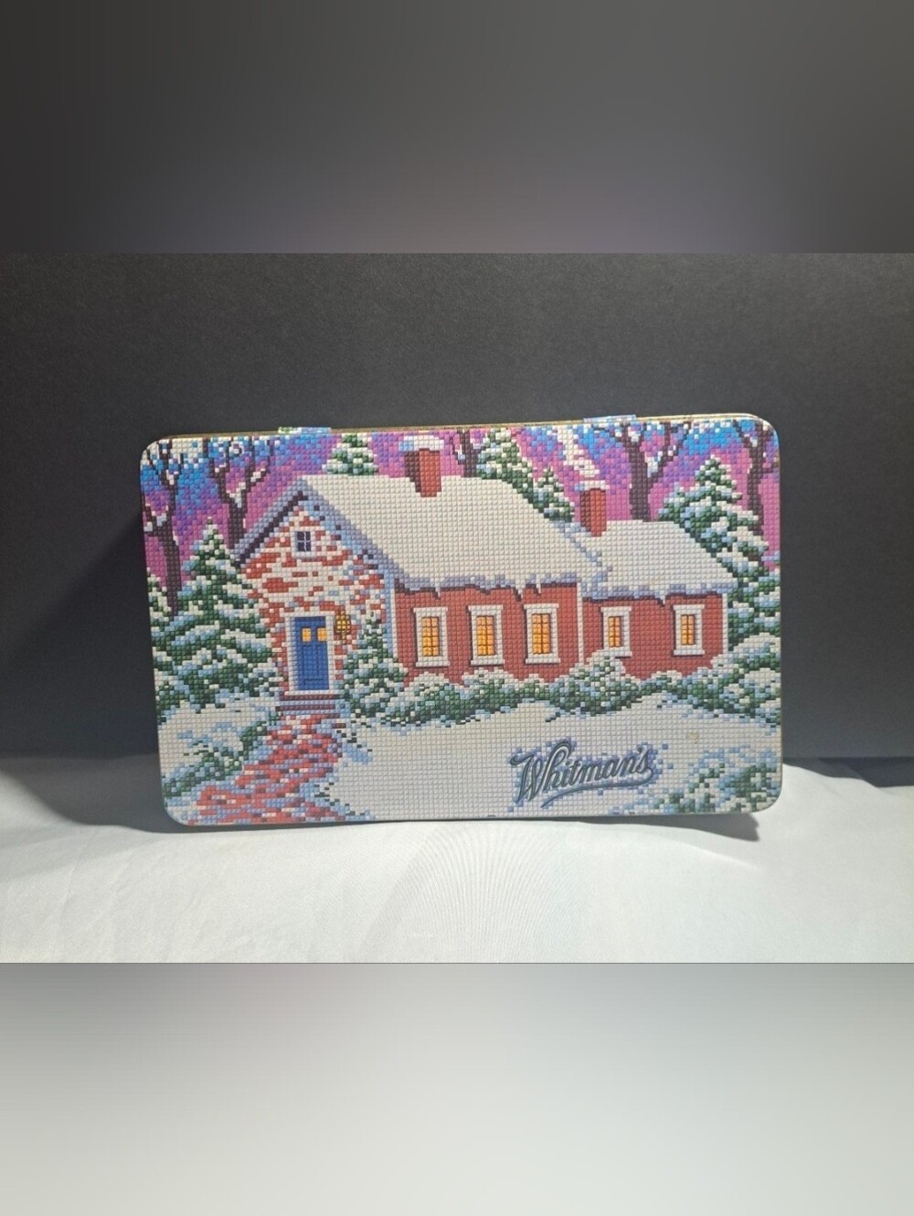 Vintage 1992 Whitman’s Chocolates Tin Box Country Cottage Cross Stitch Look